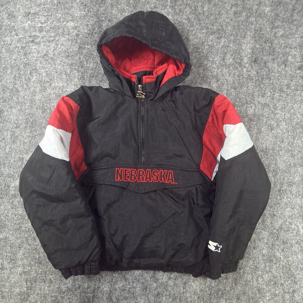 Starter Jacket Youth M 10/12 Black Red Nebraska Huskers Hooded NCAA Vintage Coat